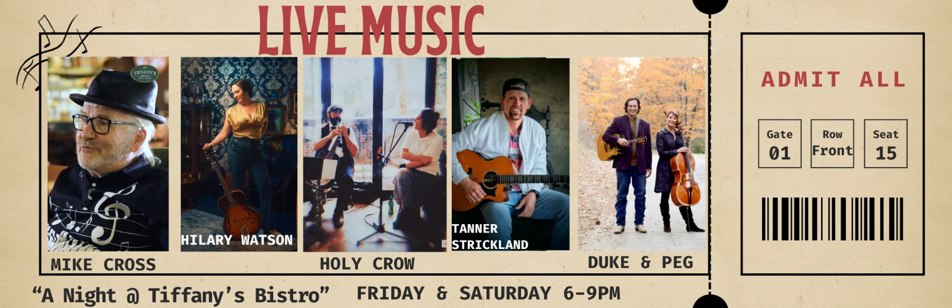 A Night at Tiffany’s live music artwork with Friday and Saturday performers